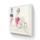 A framed artwork featuring a stylized illustration of a woman in a vibrant pink and purple swimsuit, set against the backdrop of an nautical chart.