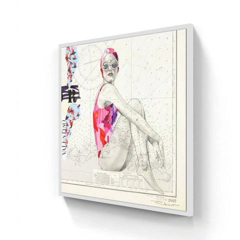 A framed artwork featuring a stylized illustration of a woman in a vibrant pink and purple swimsuit, set against the backdrop of an nautical chart.