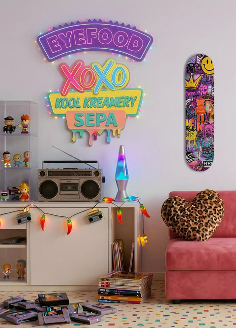 A vibrant, multi-colored neon sign with the words ’eyefood,’ ’xoxo,’ and ’kool kreamery sepa’ displayed in a playful, dripping design.