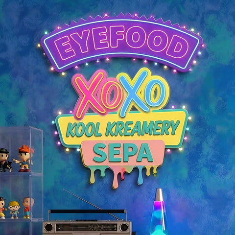 Vibrant neon sign with ’eyefood’ in purple and pink, followed by colorful “xoxo” and “kool kreamery sepa,” all outlined in glowing lights against a blue textured wall.