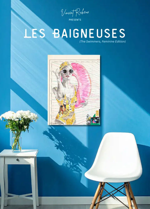 A vibrant pink and yellow illustrated canvas featuring a stylized woman in sunglasses holding an inflatable ring.