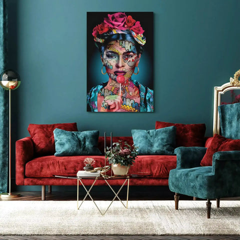 Vibrant pop-art canvas featuring frida kahlo with a floral crown and comic-style face paint, depicting her holding a pink lollipop.
