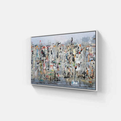 A large abstract painting on a wall