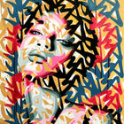 A painting of a woman with a pink and blue face