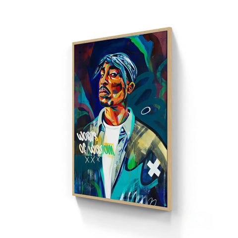 Vibrant abstract portrait of tupac in a light blue bandana in a sleek gold wooden frame on limited edition aluminium panel