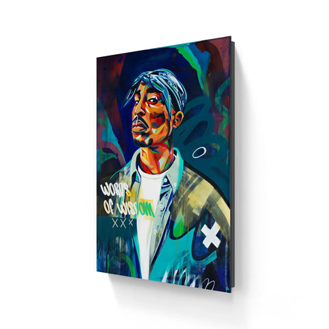 Vibrant abstract portrait canvas of tupac shakur in blue bandana with words of wisdom xxx on limited edition aluminium