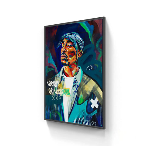 Vibrant abstract portrait of tupac in bandana and jacket on limited edition aluminium print framed in sleek black