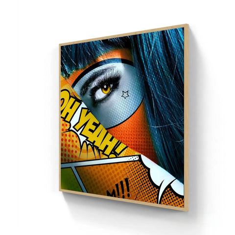 Vibrant pop art canvas oh yeah limited edition aluminium with stylized eye golden iris and bold black lashes in light wood frame