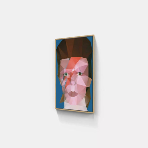 A pink and blue abstract painting on a white wall
